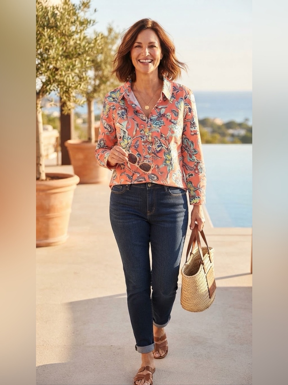 Denim & Co.® Women’s Floral Button-Down Shirt Long Sleeve Coral Blue Size XL New